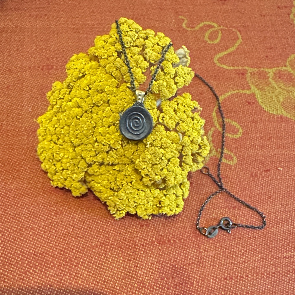 Oxidized Silver Spiral Pendant Necklace with gold accent